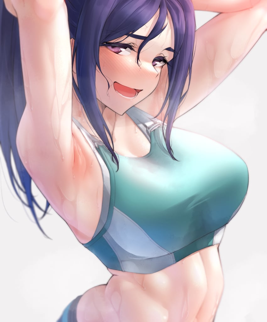 1girls 2022 :d abs arched_back armpits arms_behind_head arms_up bangs bare_arms bare_shoulders blurry blush breasts depth_of_field eyebrows_visible_through_hair female female_focus female_only green_sports_bra grey_background hair_between_eyes half-closed_eyes highres large_breasts long_hair looking_at_viewer love_live! love_live!_sunshine!! lower_teeth matsuura_kanan messy_hair nasuno_(nasuno42) navel open_mouth ponytail purple_eyes purple_hair sidelocks simple_background smile solo solo_female sports_bra standing steaming_body stomach sweat sweat_stain teeth upper_body