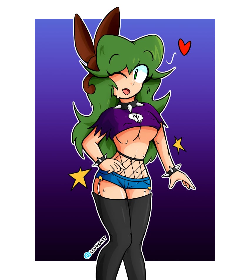 2019 fishnets goth goth_girl green_eyes green_hair heart jean_shorts lenoxmst medley_(lenoxmst) nipples_visible_through_clothing oc original_character purple_shirt spiked_bracelets sweatdrop thighhighs underboob winking winking_at_viewer