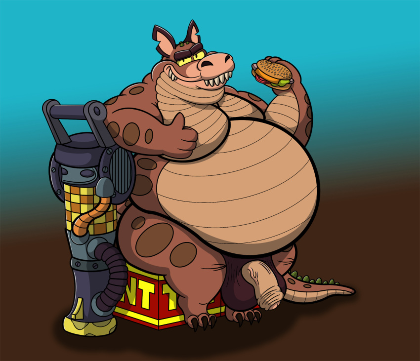 2021 3_toes 4_fingers activision anthro balls belly big_belly burger canid canine canis claws crash_(series) crocodile crocodilian crocodylid dingo dingodile explosives fangs feet fingers flaccid food foreskin genitals gesture gun holding_burger holding_food holding_object hybrid looking_at_viewer male male_only mammal moobs notched_ear nude obese obese_anthro obese_male overweight overweight_anthro overweight_male penis ranged_weapon reptile saggy_balls scalie sewergator sitting smile solo thick_thighs thumbs_up tnt tnt_crate toe_claws toes video_games weapon yellow_eyes