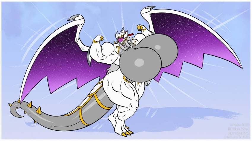 16:9 anthro big_breasts borisalien breasts dragon dragoness female female_only flexing hi_res huge_breasts membrane_(anatomy) membranous_wings muscles muscular muscular_anthro muscular_female muscular_thighs simple_background solo space_dragon white_body widescreen wings