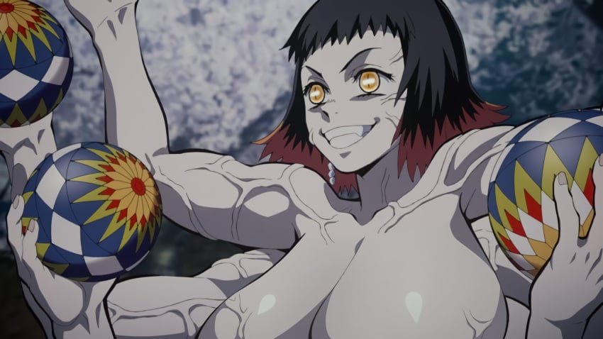 6_arms alternate_breast_size big_breasts black_hair cleavage conscious demon_girl demon_slayer dratvan earrings edit enormous_breasts fangs female female_only grey_body grey_skin grin huge_breasts kimetsu_no_yaiba multi_arm multi_limb muscular muscular_female orange_eyes screencap screenshot_edit short_hair shounen_jump slit_pupils smile solo susamaru two_tone_hair upper_body veins veiny_breasts veiny_muscles