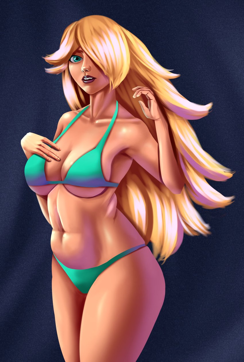 1girls alternate_version_available big_breasts blue_background breasts cleavage cyan_bikini cyan_eyes female female_only front_view hair_over_one_eye hand_on_breast light-skinned_female long_hair low_waist mario_(series) nintendo osheeda patreon_username princess princess_rosalina purple_lipstick seductive_smile selfie side_view simple_background solo super_mario_galaxy thick_thighs widescreen