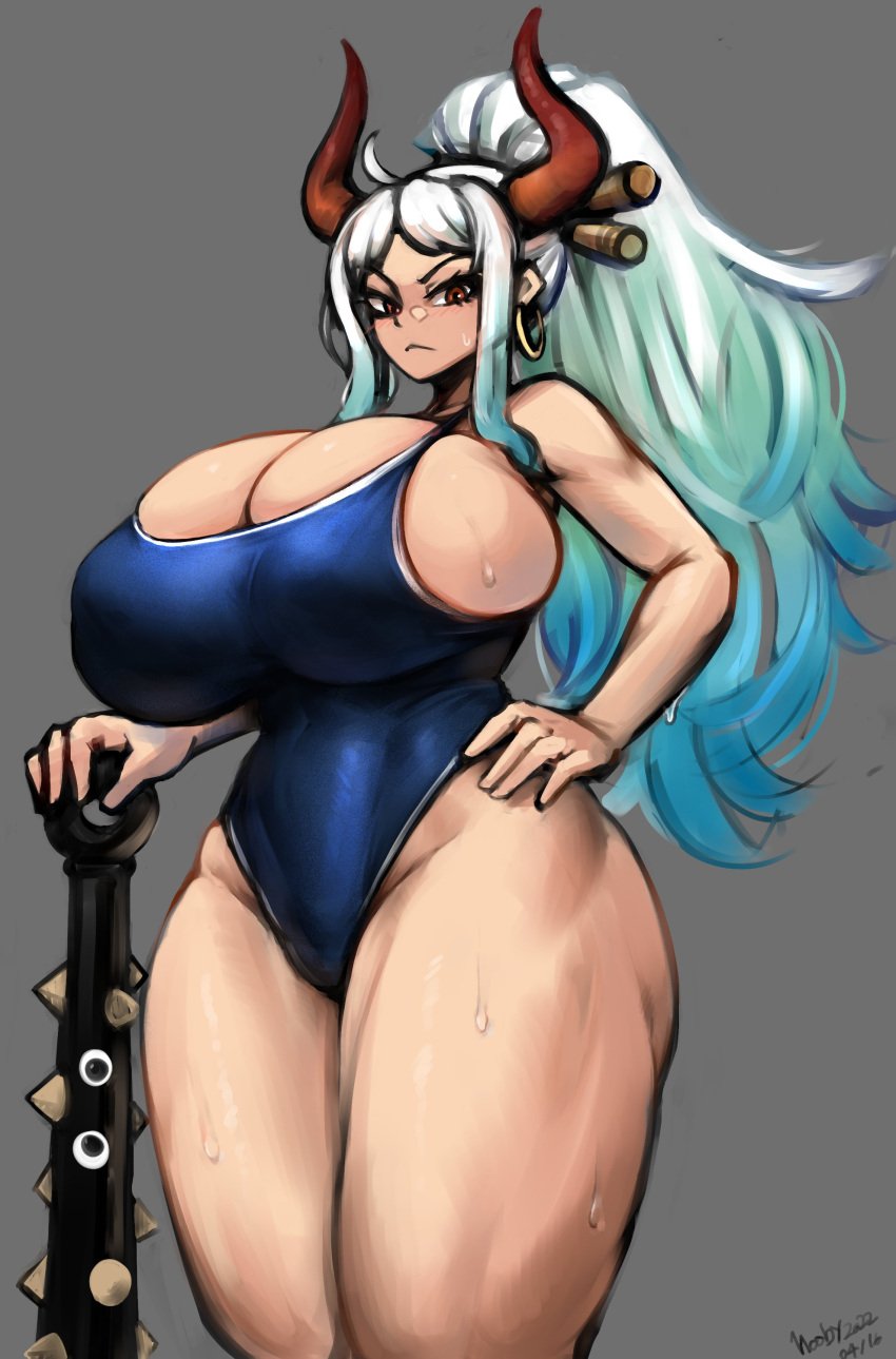 1girls big_breasts blue_hair blush blush_lines breasts breasts_bigger_than_head brown_eyes busty cleavage clothed clothing curvy ear_piercing earrings eye_contact female female_focus female_only front_view gipehtyboon gradient_hair hi_res highres holding_object holding_weapon hoop_earrings horned_humanoid horns huge_breasts humanoid kanabou large_breasts light-skinned_female light_skin long_hair looking_at_viewer multicolored_hair object one-piece_swimsuit one_piece one_piece_swimsuit oni oni_horns red_eyes revealing_clothes sideboob simple_background solo solo_female solo_focus swimsuit thick_thighs thighs two-tone_hair two_tone_hair voluptuous water_drop water_on_body weapon wet wet_body white_hair wide_hips yamato_(one_piece) yboon youkai