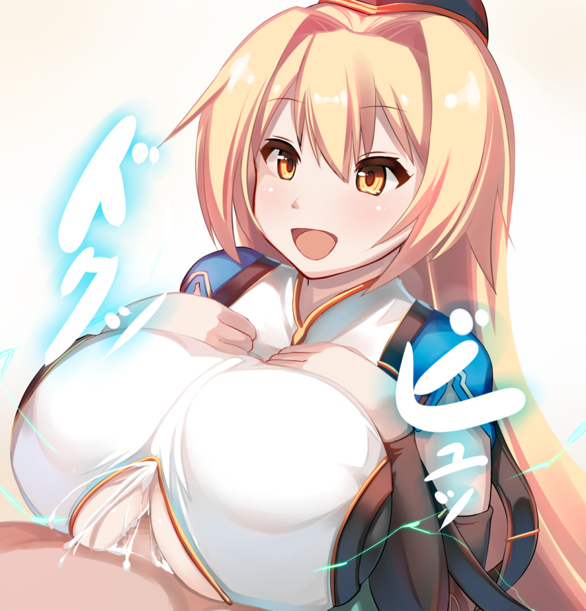 1boy 1girls alternate_version_available armwear between_breasts big_breasts blonde_hair blush boobjob breast_focus breast_suppress breasts busty censored censored_penis cum cum_between_breasts cum_on_breasts electricity female garrison_cap granblue_fantasy hair_between_eyes hands_on_breasts hands_on_own_breasts hands_on_own_chest hat headwear japanese_text large_breasts light-skinned_female light-skinned_male light_skin long_hair male male/female mona_(granblue_fantasy) mosaic_censoring motion_lines open_mouth paizuri paizuri_under_clothes penis penis_between_breasts pixelated_penis psyg2 shiki_(psychedelic_g2) simple_background smile smiling straight tagme text underboob underboob_cutout white_background yellow_eyes