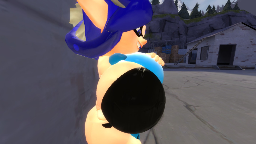 3d 3d_(artwork) against_wall alex_(brenjieda) big_breasts blue_(brenjieda) breast_hug breast_smother breasts brenjieda garry's_mod hug inkling inkling_boy inkling_girl larger_female original_character size_difference smaller_male smothering splatoon