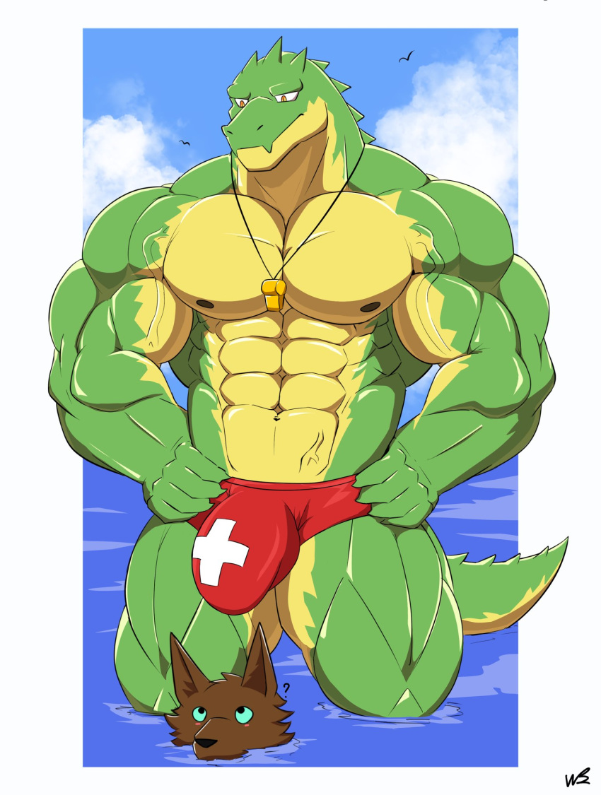 1boy 2022 abs anatake anthro anubian_jackal barazoku biceps big_bulge big_muscles blush border brother brothers bulge canid canine canis clothing cloud crocodile crocodilian crocodylid day duo fur hands_on_hips hi_res huge_bulge huge_muscles jackal league_of_legends lifeguard looking_at_bulge male male_only mammal muscular muscular_anthro muscular_male nasus navel nipples non-mammal_nipples obliques outside partially_submerged pecs pool_party_renekton pool_party_series quads question_mark renekton reptile riot_games scales scalie sibling sky solo speedo standing swimwear tuft vein video_games water whistle white_border