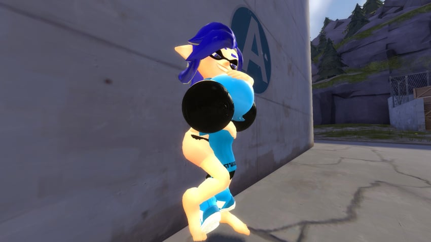 3d 3d_(artwork) against_wall alex_(brenjieda) big_breasts blue_(brenjieda) breast_hug breast_smother breasts brenjieda garry's_mod hug inkling inkling_boy inkling_girl larger_female original_character size_difference smaller_male smothering splatoon