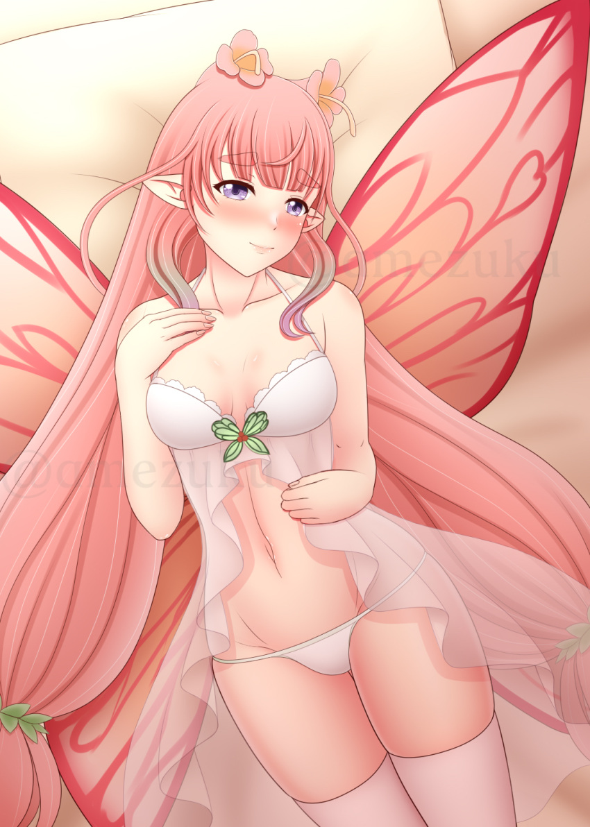 1girls amezuku babydoll bangs bare_thighs bed breasts fairy fairy_wings female female_only fire_emblem fire_emblem_heroes long_hair looking_at_viewer mirabilis_(fire_emblem) nightgown nintendo on_back on_bed panties pink_hair pointy_ears purple_eyes see-through small_breasts smile solo thighs twintails underwear very_long_hair white_panties wings