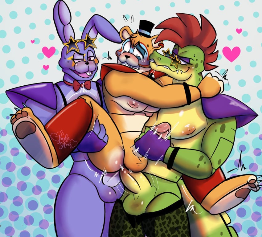 3boys alligator alligatorid anal anal_insertion anal_sex animatronic anthro anthro_on_anthro anthro_only anthro_penetrated anthro_penetrating anthro_penetrating_anthro anthrofied balls bear black_nose bodypaint boner bow_tie bowtie crocodile crocodilian double_anal erect erect_penis erection facepaint five_nights_at_freddy's five_nights_at_freddy's:_security_breach gay glamrock_bonnie_(fnaf) glamrock_freddy_(fnaf) green_body green_skin half-closed_eyes heart jadysilver jerking jerking_off jerkingoff jerkingoff_another leg_grab legs_held_open legs_up machine male male/male/male male_focus male_only male_penetrated male_penetrating masturbating masturbation montgomery_gator_(fnaf) nipples nude open_legs open_mouth open_smile penetration penis penis_grab purple_body purple_eyes purple_skin red_eyes robot sharp_teeth smile smiling spread_legs spreading star_glasses teeth testicles threesome trio trio_focus two_tone_body two_tone_skin yellow_body yellow_skin