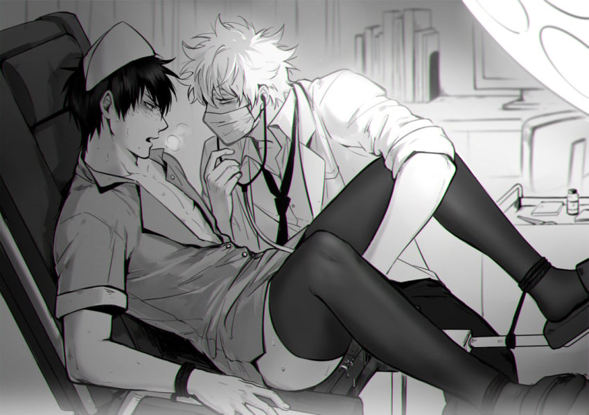 2boys alternate_costume blush breath crossdressing doctor doctors_office feiqiuxuan fingering gay gintama gintoki_sakata gynecological_chair handjob hijikata_toshiro implied_fingering looking_at_another male male_only manly_crossdresser monochrome mouth_mask nurse nurse_cap nurse_uniform open_clothes restrained stethoscope stirrups sweat thighhighs unprofessional_behavior yaoi