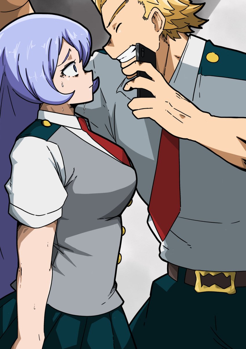 1boy 1girls big_breasts blackmail blue_hair breasts cornered female height_difference huge_breasts human large_breasts long_hair male mark_gavatino mirio_togata my_hero_academia nejire_hado school_uniform smiling sweat sweatdrop sweating uniform worried worried_expression yellow_hair