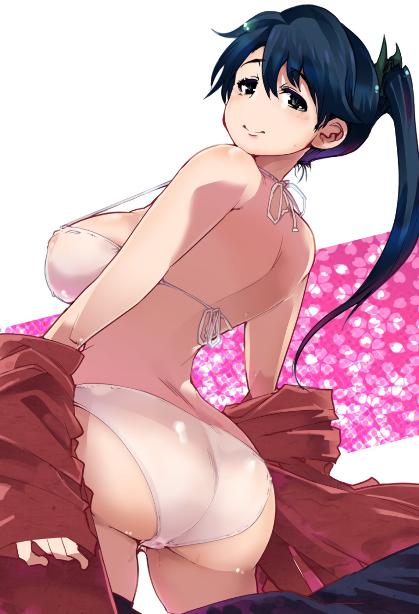 ass bikini black_hair blue_eyes blush breasts covered_nipples doujin_cover female houshou_(kantai_collection) japanese_clothes kantai_collection large_breasts long_hair looking_at_viewer ponytail solo strap_gap swimsuit uchiuchi_keyaki undressing white_bikini