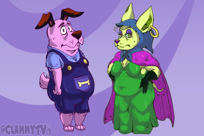 belly cartoon_network clammytv courage_the_cowardly_dog courage_the_cowardly_dog_(character) duo duo_focus fat fat_female fat_male female furry hairy hairy_female hairy_male latex male mature_female nipple_bulge piercing pudgy_belly shading shirley_the_medium tight_clothing