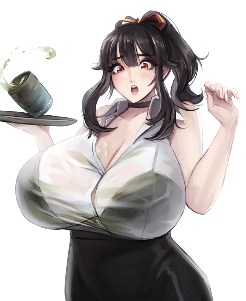 accident akchu bakunyuu black_hair boobs button_gap chobi_(akchu) cleavage deep_cleavage female gigantic_breasts junkpuyo large_breasts massive_breasts original original_character ponytail red_eyes see-through see-through_bra see-through_clothing solo solo_female spilled_drink spilling_drink tagme white_background