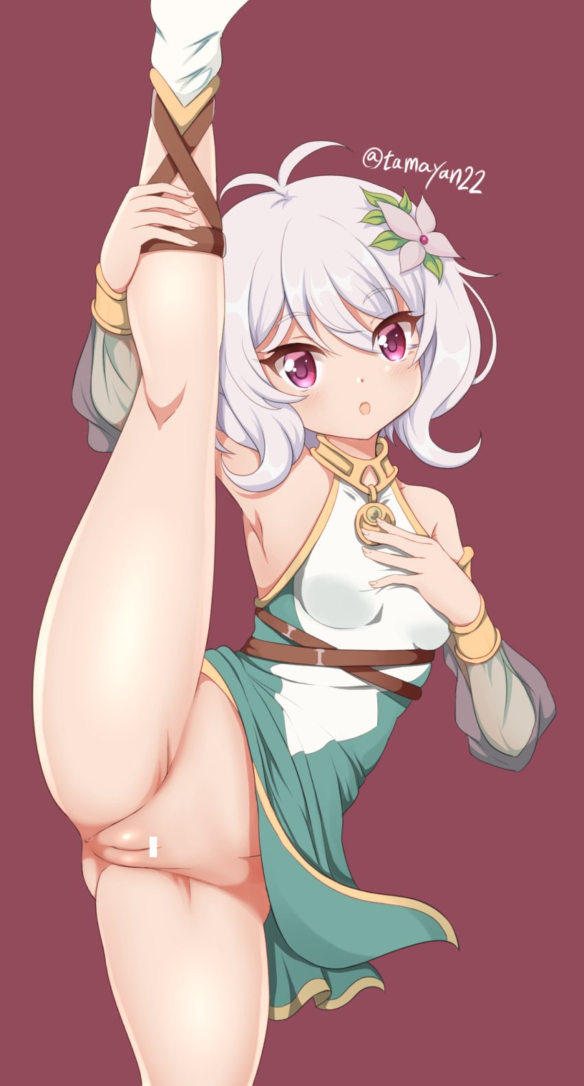 :o antenna_hair arm_up armpits bangs bar_censor bare_shoulders breasts brown_background cameltoe censored commentary_request detached_sleeves dress eyebrows_visible_through_hair female flower green_sleeves grey_flower groin hair_between_eyes hair_flower hair_ornament highres kokkoro_(princess_connect!) leg_up long_sleeves looking_at_viewer no_panties parted_lips princess_connect! puffy_long_sleeves puffy_sleeves purple_eyes pussy see-through see-through_sleeves silver_hair simple_background sleeveless sleeveless_dress small_breasts solo split standing standing_on_one_leg standing_split tamayan twitter_username white_dress