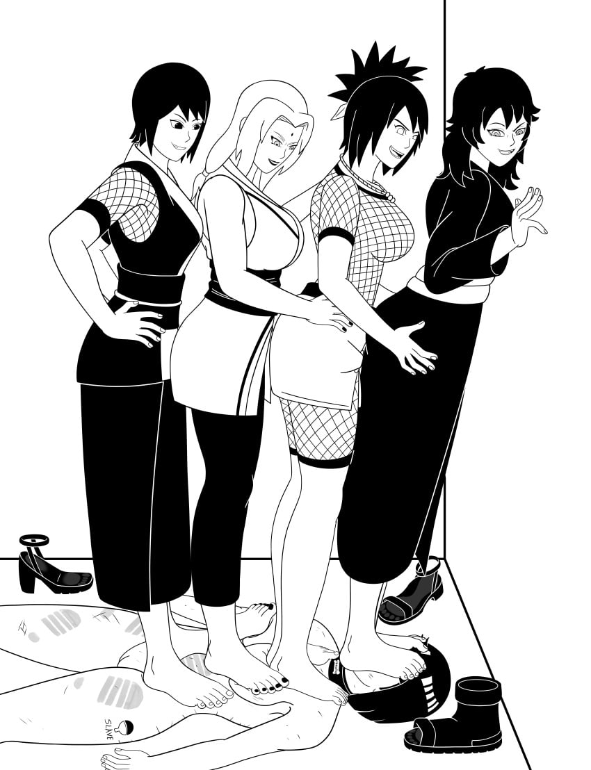 5girls abuse abused against_wall barefoot big_breasts body_writing boruto:_naruto_next_generations breasts clothed_female_nude_female completely_nude dante2305 feet_on_body feet_on_breasts feet_on_face female female_only femdom femsub fishnets foot_fetish footprint footwear_removed fully_clothed heels hyuuga_hinata implied_yuri kimono kurenai_yuhi lezdom long_hair lying lying_on_back masochism masochist mature mature_female mature_woman mesh mesh_shirt mitarashi_anko monochrome multiple_girls naruto naruto:_the_last naruto_(series) naruto_shippuden pants pussy sandals sex_slave shizune shoe_mark skirt smile standing stepped_on stepping_on_female stomping teacher_and_student tsunade yuri yuuhi_kurenai