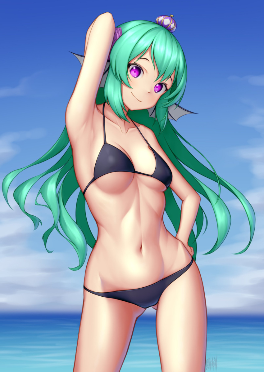 armpits belly_button bikini black_bikini female finana_ryugu fish_girl green_hair hair_ornament nijisanji nijisanji_en nitrus14 purple_eyes sea smile virtual_youtuber