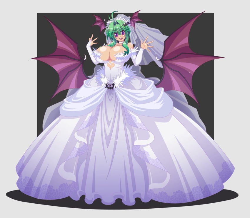 big_breasts capcom cleavage clothing darkstalkers dress female gmagami great_magami green_hair large_breasts long_hair looking_at_viewer morrigan_aensland purple_eyes succubus tagme voluptuous wedding_dress wide_hips