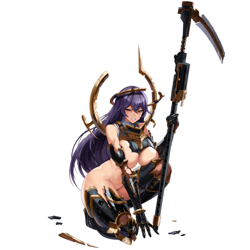 ass boots breasts elbow_gloves female full_body game_cg gloves hair_between_eyes highres holding holding_scythe holding_weapon large_breasts last_origin looking_at_viewer looking_back official_art one_(dnjsaos86) purple_hair red_eyes scythe solo tachi-e thigh_boots thighhighs transparent_background veronica_type-asc weapon