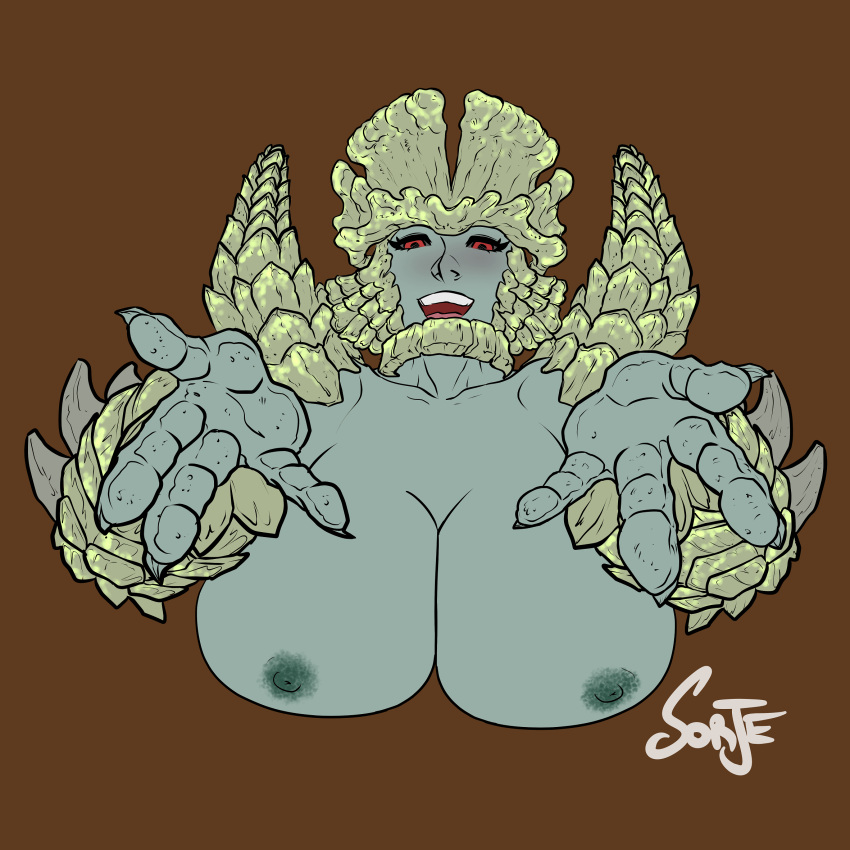 1girls anthro anthrofied areolae blush fanged_beast female female_only four_fingers garangolm grey_skin hairless huge_breasts inviting inviting_to_sex looking_at_viewer monster_girl monster_hunter monster_hunter_rise natural_armor nipples open_mouth plating reaching_out reaching_towards_viewer red_eyes sap shoulder_spikes smile sorje spikes