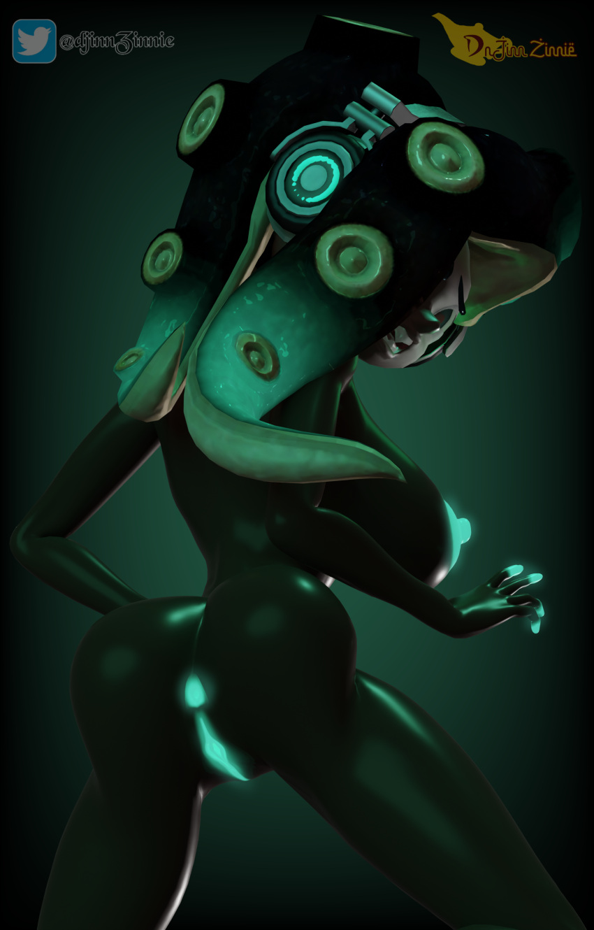 3d 3d_(artwork) anus artist_name big_ass big_breasts breasts cephalopod_humanoid curvaceous curvy dark-skinned_female dark_skin djinnzinnie female_only glowing_anus glowing_areola glowing_genitalia glowing_nipples glowing_pussy green_anus green_nipples green_pussy headphones hourglass_figure marina_(splatoon) octoling shiny_skin simple_background splatoon splatoon_2 tentacle_hair twitter_username voluptuous worried worried_expression