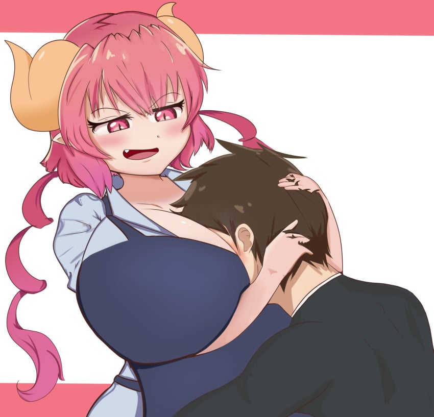 1boy 1girls apron blush breast_smother breasts cleavage cute_fang dragon_girl dragon_horns female gradient_hair hug huge_breasts ilulu_(dragon_maid) large_breasts male massive_breasts miss_kobayashi's_dragon_maid pink_hair slit_pupils smug_face tagme taketo_(dragon_maid) twintails xotovski