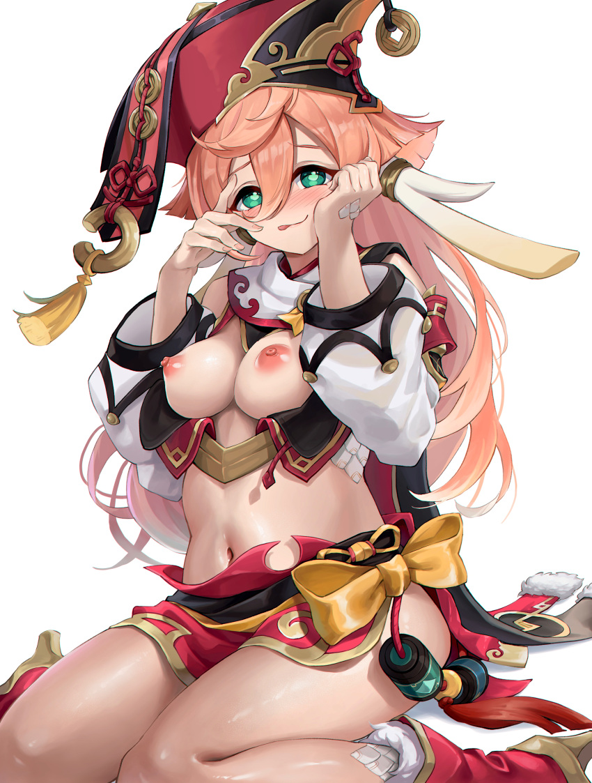 :p absurdres antlers bow breasts breasts_out elocca female genshin_impact green_eyes hair_between_eyes hands_on_own_face high_heels highres horns long_hair long_sleeves looking_at_viewer midriff navel nipples pink_hair puffy_long_sleeves puffy_sleeves red_headwear red_skirt red_vest seiza simple_background sitting skirt small_breasts smile solo thighs tongue tongue_out vest white_background yanfei_(genshin_impact) yellow_bow