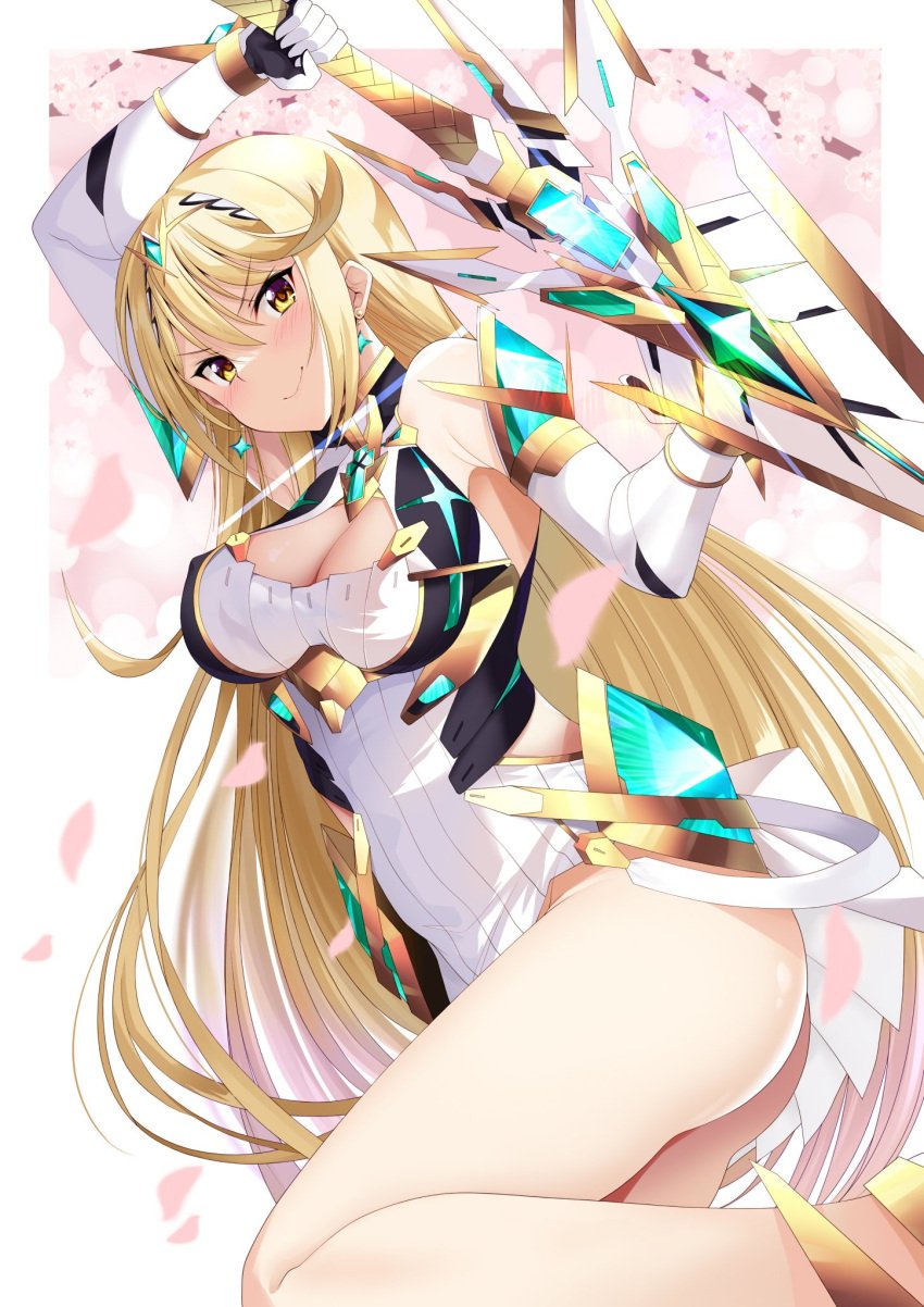 1girls ass bangs bare_legs bare_shoulders big_ass big_breasts big_butt blonde_hair blush blush_lines blushing_at_viewer breasts busty chest_jewel cleavage cleavage_cutout clothing_cutout curvy cutout daive dress earrings elbow_gloves eye_contact fat_ass female female_focus female_only gloves holding holding_object holding_sword holding_weapon jewel kou45210607 large_ass large_breasts light-skinned_female light_skin long_gloves long_hair looking_at_viewer mythra nintendo no_panties no_underwear skirt smile smiling smiling_at_viewer solo solo_female solo_focus swept_bangs sword tagme thick_ass thighs tiara upskirt voluptuous weapon white_dress white_gloves xenoblade_(series) xenoblade_chronicles_2 yellow_eyes