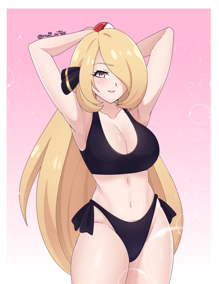 1girls alternate_breast_size amber_eyes armpits arms_behind_head big_breasts bikini black_bikini blonde_hair blush breasts busty cleavage creatures_(company) cynthia_(pokemon) female female_only game_freak hair_over_one_eye highres large_breasts legs lipstick long_hair maii_artss makeup mature mature_female mature_woman navel nintendo parted_lips poke_ball pokemon pokemon_(game) pokemon_dppt pose posing seductive_smile sensual smile swimsuit thick_thighs thighs very_long_hair