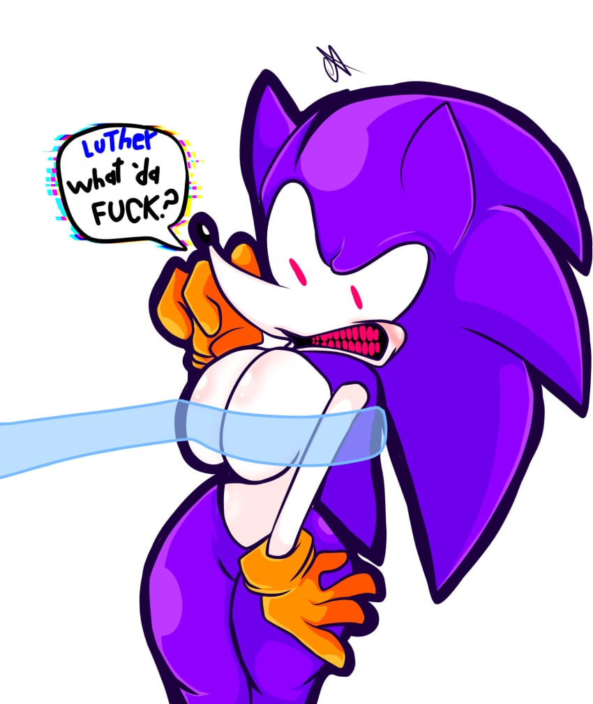 angry anthro big_breasts big_thighs breasts confusion demon_girl english_text featureless_breasts female luther_(needlemouse) needlemouse_(character) needlemouse_(series) no_nipples purple_skin red_teeth sarah_henderson_(needlemouse) sega signature simple_background sonic.exe sonic_(series) sonic_the_hedgehog sonic_the_hedgehog_(series) sonique_the_hedgehog squeezing squeezing_breast teeth trapped white_skin yellow_gloves