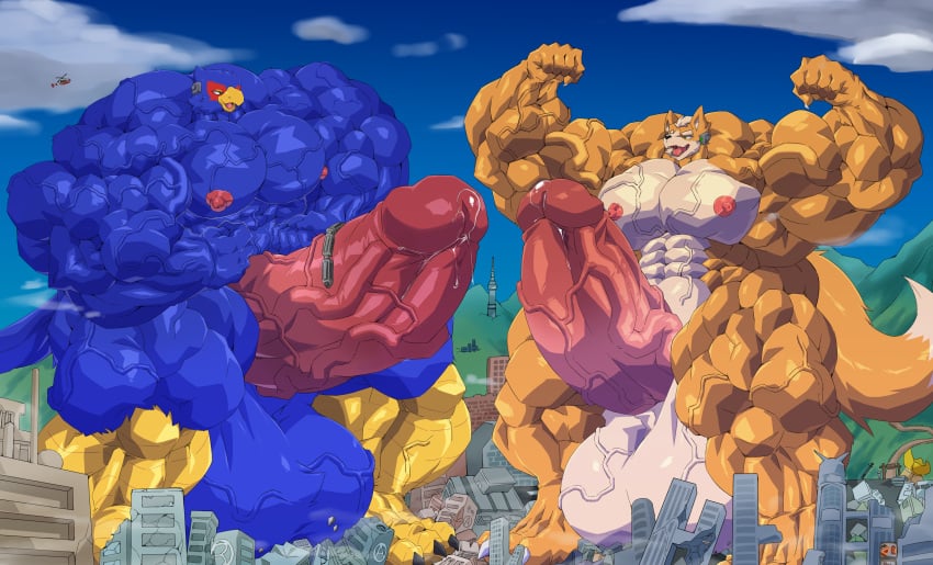 absurd_res avian balls big_balls big_muscles big_penis bird bodily_fluids canid canine city destruction duo erection falco_lombardi flexing fox fox_mccloud genital_fluids genitals hi_res huge_balls huge_cock huge_muscles hyper hyper_balls hyper_genitalia hyper_muscles hyper_penis macro male male_only mammal metaball muscular muscular_male nintendo penis precum star_fox train vehicle video_games