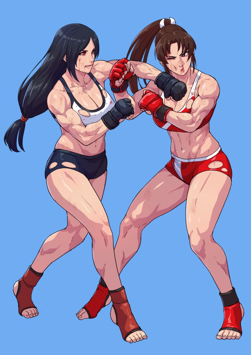 2d 2girls blood bruises catfight cirenk cleavage crossover feet female female_only fighting final_fantasy final_fantasy_vii final_fantasy_vii_remake king_of_fighters light-skinned_female mai_shiranui mixed_martial_arts mma muscular_female ryona snk square_enix stirrup_legwear stirrup_socks thighs tifa_lockhart toeless_footwear toeless_legwear toeless_socks torn_clothes