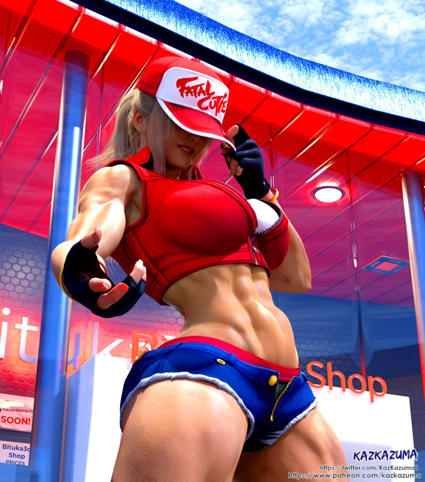 3d 3d_(artwork) abs big_ass big_breasts big_butt blender blonde_hair booty_shorts cap daz_studio eyes_covered fatal_fury gloves kazkazuma kazkazuma7 king_of_fighters muscular muscular_arms muscular_female muscular_thighs ponytail rule_63 smile snk_heroines:_tag_team_frenzy terry_(snk_heroines:_tag_team_frenzy) terry_bogard