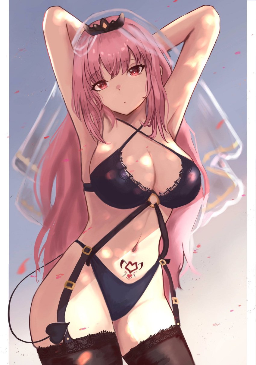 1girls armpits arms_up breasts demon_tail dot_mouth eyebrows_visible_through_hair female female_only highres hololive hololive_english hololive_myth large_breasts light-skinned_female light_skin long_hair mori_calliope navel o-ring o-ring_top pink_hair pubic_tattoo solo tail tattoo tiara veil vicarious_(vicillust) virtual_youtuber