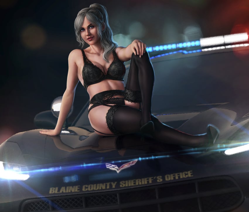 abs big_breasts black_bra black_panties blue_eyes brittany_angel cleavage corvette female_focus garter_belt grand_theft_auto grand_theft_auto_v high_heels lace lace-trimmed_bra lace-trimmed_panties lace-trimmed_thighhighs lingerie looking_at_viewer nopixel on_car only_female police policewoman ponytail red_lipstick solo_female tanuki_yaki_dev thick_thighs thighhighs toned_female white_hair