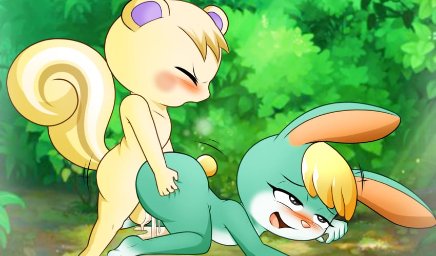 2boys anal animal_crossing anthro blonde_hair bodily_fluids cum cum_inside duo femboy fire_conejo fur genital_fluids girly green_body green_fur hair hi_res lagomorph leporid long_tail male male/male male_only mammal marshal_(animal_crossing) nintendo outside rabbit rodent sasha_(animal_crossing) sciurid short_tail video_games yellow_body yellow_fur