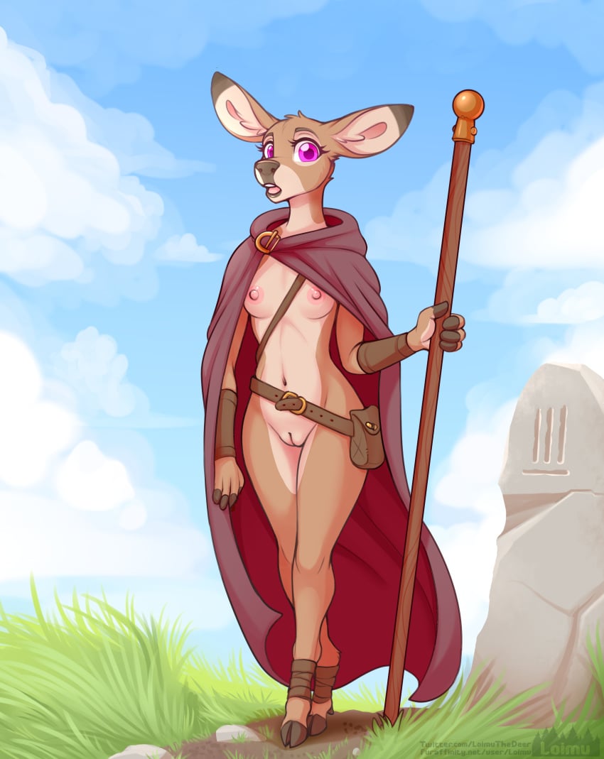 2022 absurd_res anthro belt breasts cervid cloak clothing cloud digital_media_(artwork) female forest genitals grass hi_res hooves loimu loimu_(character) mammal nipples original plant pouch_(disambiguation) pussy sky solo staff