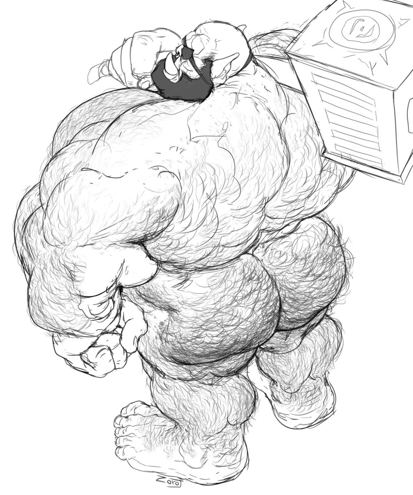 ass ass_hair back_hair bara beard eyepatch gay hairy hairy_ass hammer male male_only monochrome muscles muscular orc solo solo_male tusks weapon weapon_over_shoulder zoroj