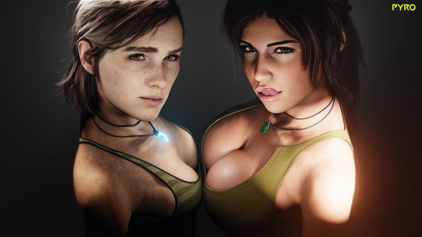 2girls 3d 3d_(artwork) 4k athletic_female bare_shoulders big_breasts black_hair breast_press breast_squeeze breasts brown_eyes brown_hair cleavage crossover duo ellie_(the_last_of_us) ellie_williams embracer_group female female_focus female_only freckles green_eyes human lara_croft lara_croft_(survivor) light-skinned_female looking_at_viewer medium_breasts medium_hair multiple_girls naughty_dog necklace neckwear pale_skin pyro_(artist) short_hair simple_background sony_interactive_entertainment the_last_of_us the_last_of_us_2 tied_hair tomb_raider tomb_raider_(survivor) tongue tongue_out