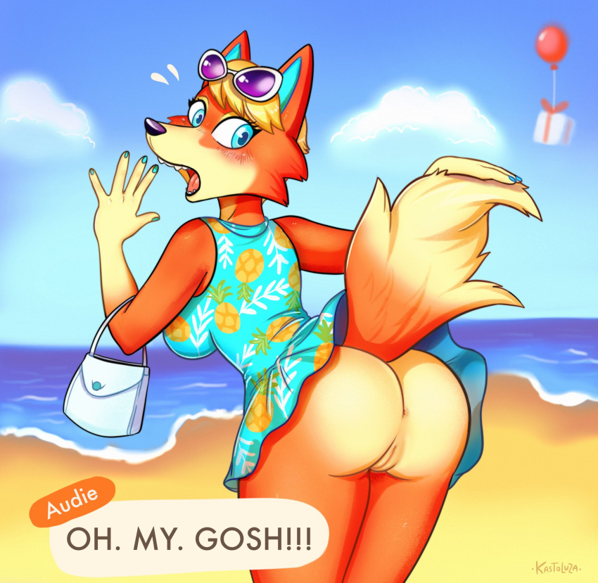 5_fingers alternate_breast_size animal_crossing anthro anthrofied anus ass audie_(animal_crossing) beach blue_eyes blush canid canine canis clothed clothing dialogue dipstick_tail dress english_text eyewear eyewear_on_head female fingers fur furry furry_only genitals handbag header_box hi_res kastoluza looking_back mammal markings nintendo no_underwear open_mouth orange_body orange_fur pussy raised_tail rear_view sand seaside solo standing sunglasses sunglasses_on_head surprise tail tail_markings tail_upskirt tan_body tan_fur text upskirt video_games water wolf