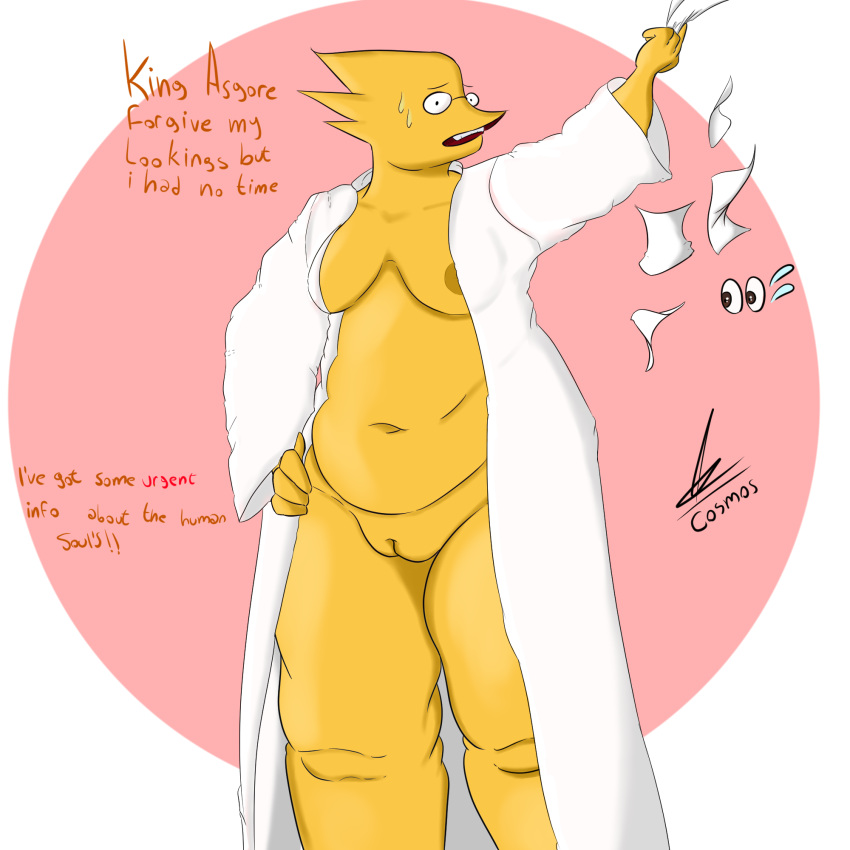 alphys anthro brown_nipples cosmosarts eyewear female genitals glasses hi_res lizzard mostly_nude mostly_nude_female nipples paper plump_labia pussy reptile scalie slightly_chubby solo undertale_(series) yellow_body