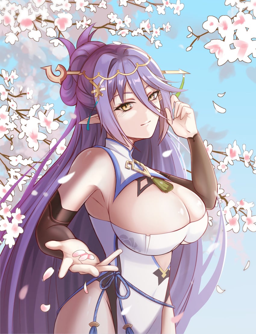 aria_(epic7) cleavage elf elf_ears epic7 female hair_ornament huge_breasts long_hair looking_at_viewer outdoor pointy_ears purple_hair yellow_eyes