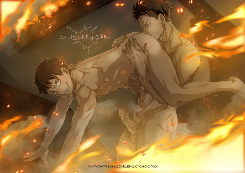 2boys abs akitaru_oubi anilingus artist_name ass bara black_hair completely_nude enen_no_shouboutai erection fire fire_force gay lemilkychoc looking_at_another male male/male male_focus male_only multiple_boys muscular muscular_male nude older_man_and_younger_boy patreon_username penis red_eyes reward_available sharp_teeth shinra_kusakabe short_hair smile teeth thighs uncensored undercut yaoi