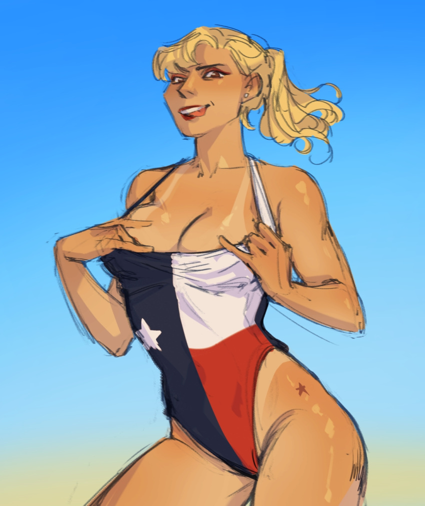 1girls big_breasts blonde_hair earrings female female_focus flashing highleg highleg_swimsuit lipstick lullindo nationbeingthing one-piece_swimsuit partially_exposed_nipples sole_female swimsuit tan_body tan_skin tanline texas_flag tongue_out