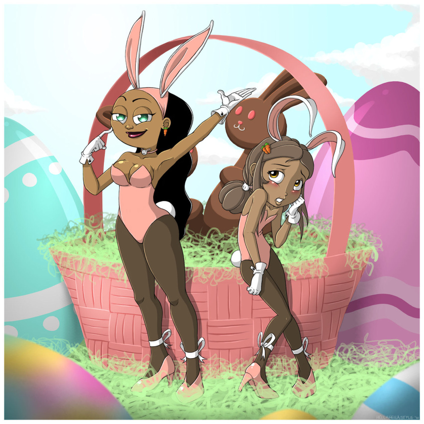 2girls basket big_head black_hair blush breasts brown_eyes brown_hair bunny_ears bunnysuit chocolate chocolate_bunny choker crossover danny_phantom dark-skinned_female dark_skin earring earrings easter easter_basket easter_egg egg female_only flat_chest flat_chested gloves gold_eyes green_eyes hair hairband hellahellastyle high_heels long_hair looking_at_viewer monster_buster_club multiple_girls pantyhose sam_(monster_buster_club) small_breasts valerie_gray