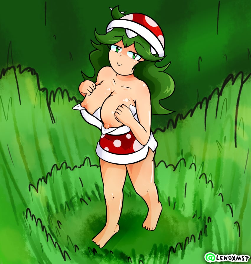 green_eyes green_hair lenoxmst mario_(series) medley_(lenoxmst) nipples original_character piranha_plant piranha_plant_(cosplay) piranha_plant_girl public suggestive_look suggestive_smile