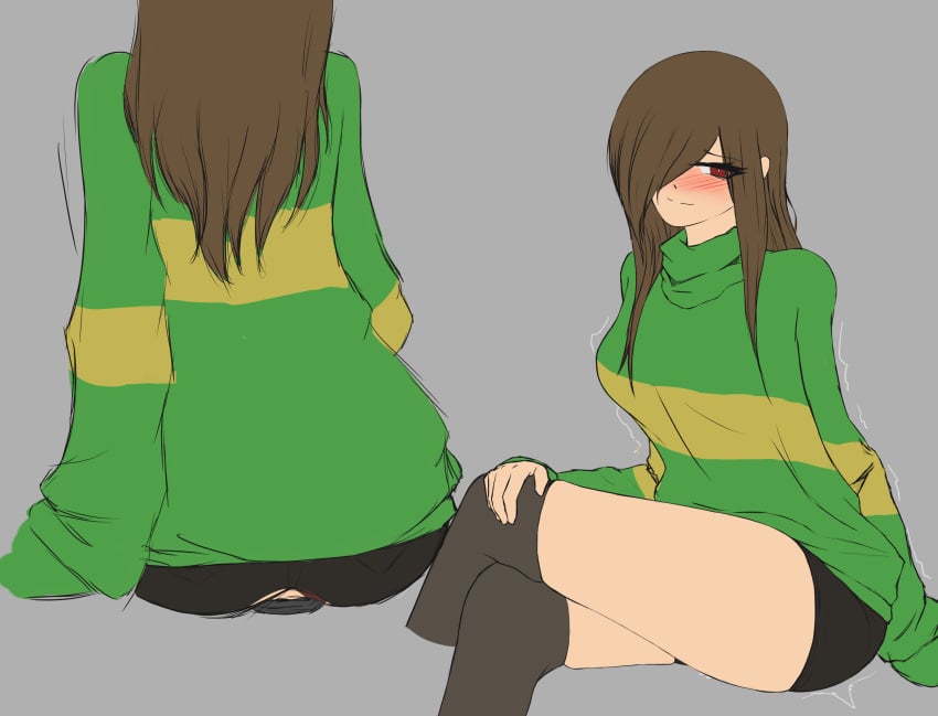 1girls 2022 2d blush blushed blushing brown_hair chara dildo dildo_sitting female female_only gray_background human human_female human_only pixiv red_eyes slq solo tagme undertale undertale_(series)