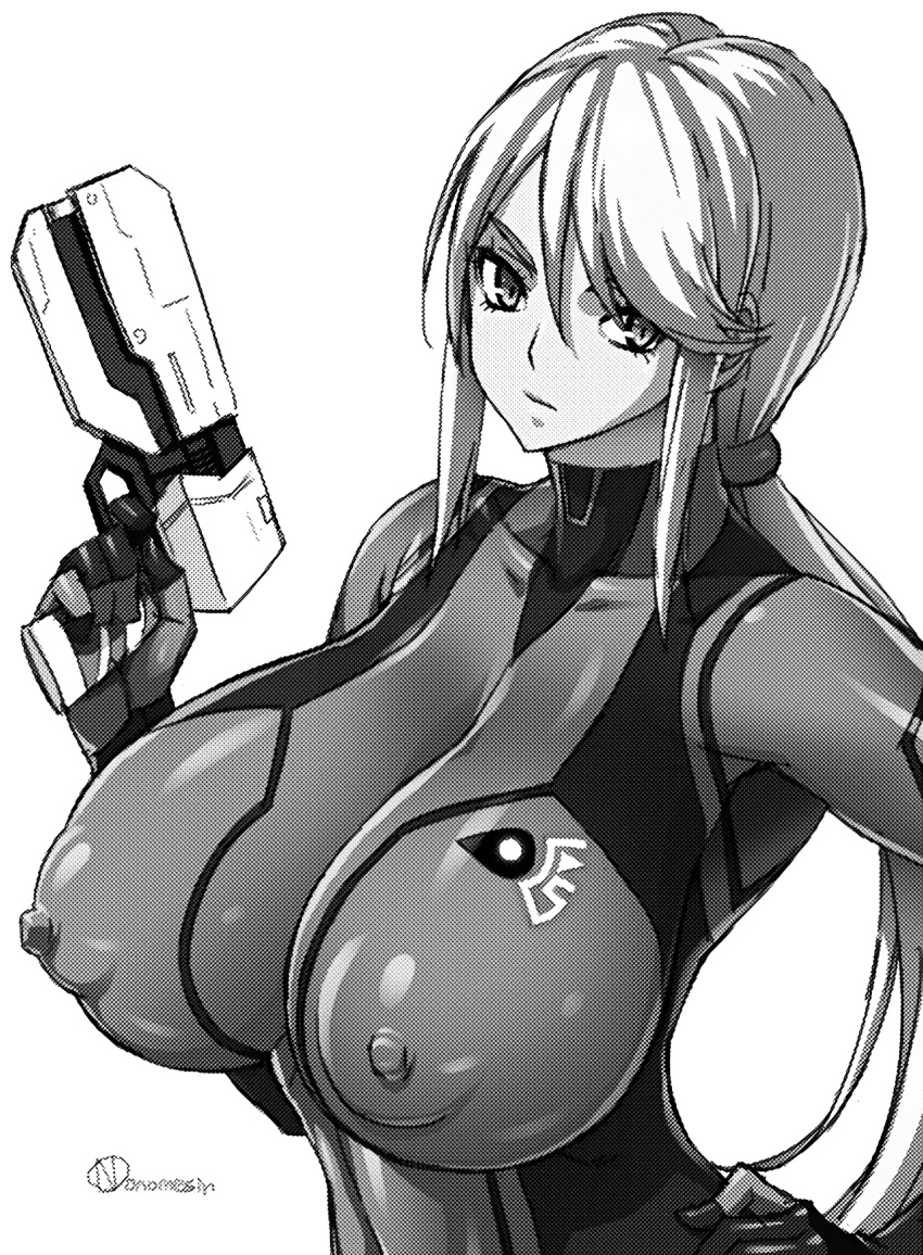 bodysuit breasts covered_erect_nipples female gun hand_on_hip impossible_bodysuit impossible_clothes looking_at_viewer low_ponytail metroid monochrome nintendo onomeshin ponytail samus_aran skin_tight solo weapon zero_suit zero_suit_samus