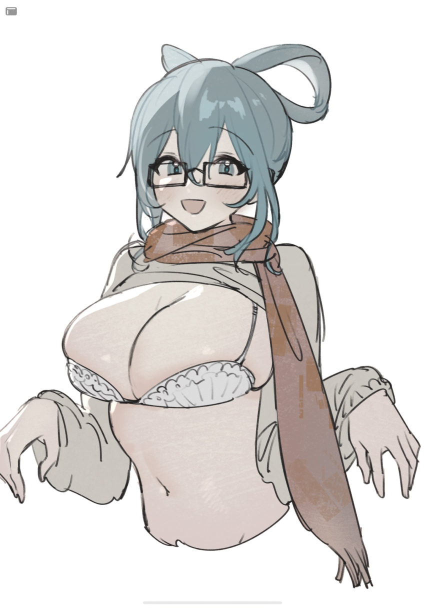 :d alternate_costume bespectacled blue_eyes blue_hair blush bra breasts cleavage cropped_torso eyebrows_visible_through_hair female glasses hair_between_eyes hair_bun hair_rings happy highres large_breasts m09_mirage090 navel open_mouth scarf seiga_kaku semi-rimless_eyewear shrug_(clothing) simple_background smile solo touhou under-rim_eyewear underwear upper_body white_background