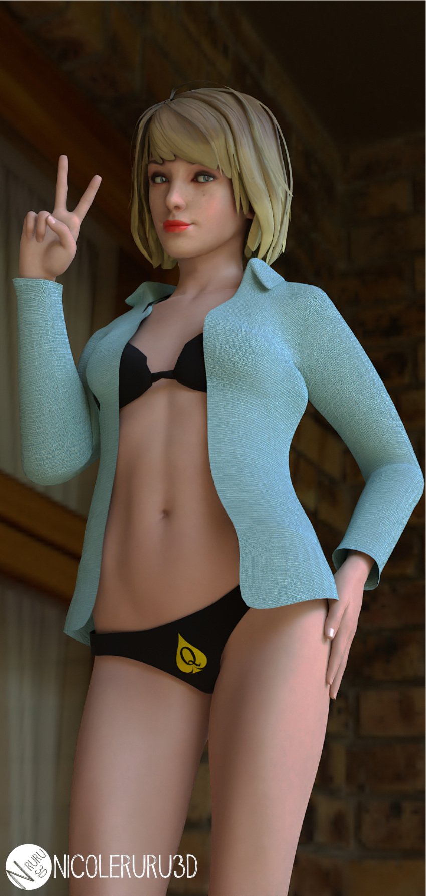 1girls 3d alternate_hair_color alternate_version_available artist_name bikini black_bikini blender blonde_hair clothed female female_only hi_res life_is_strange lipstick makeup max_caulfield open_shirt panties queen_of_spades raceplay red_lipstick ruru3dx self_upload solo v